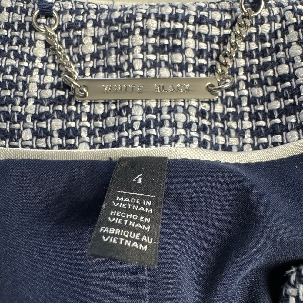 White House Black Market WHBM Women’s 4 Navy Blue White Tweed Blazer Jacket Coat - Picture 2 of 6